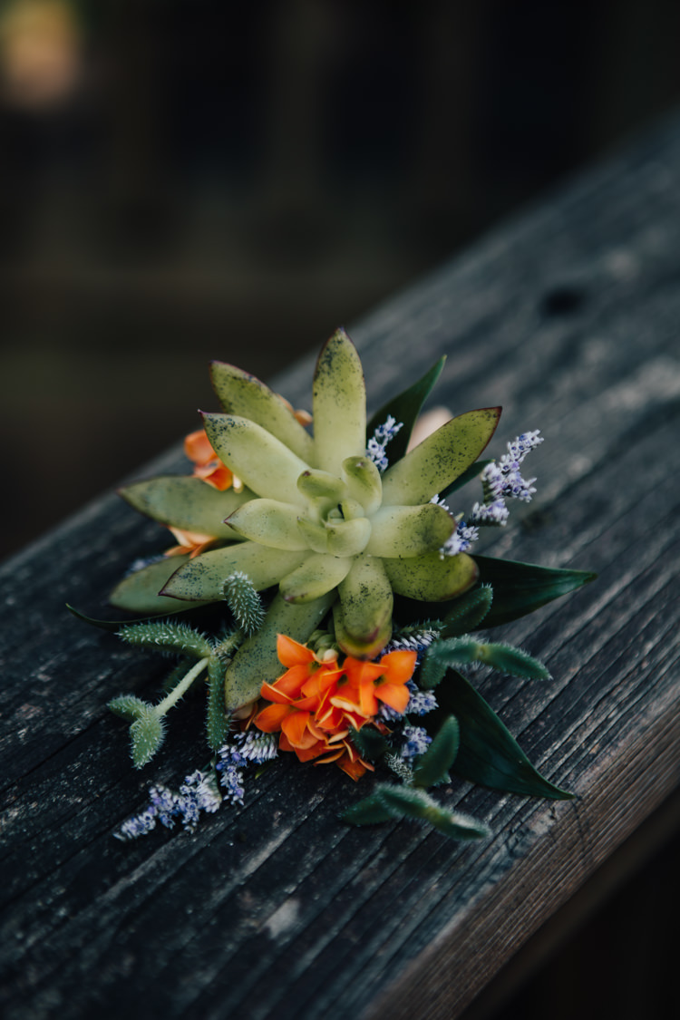 Groom Buttonhole Orange Florals Greenery Succulent Adventure Inspired Woodland Wedding North Carolina http://www.amandasuttonphotography.com/