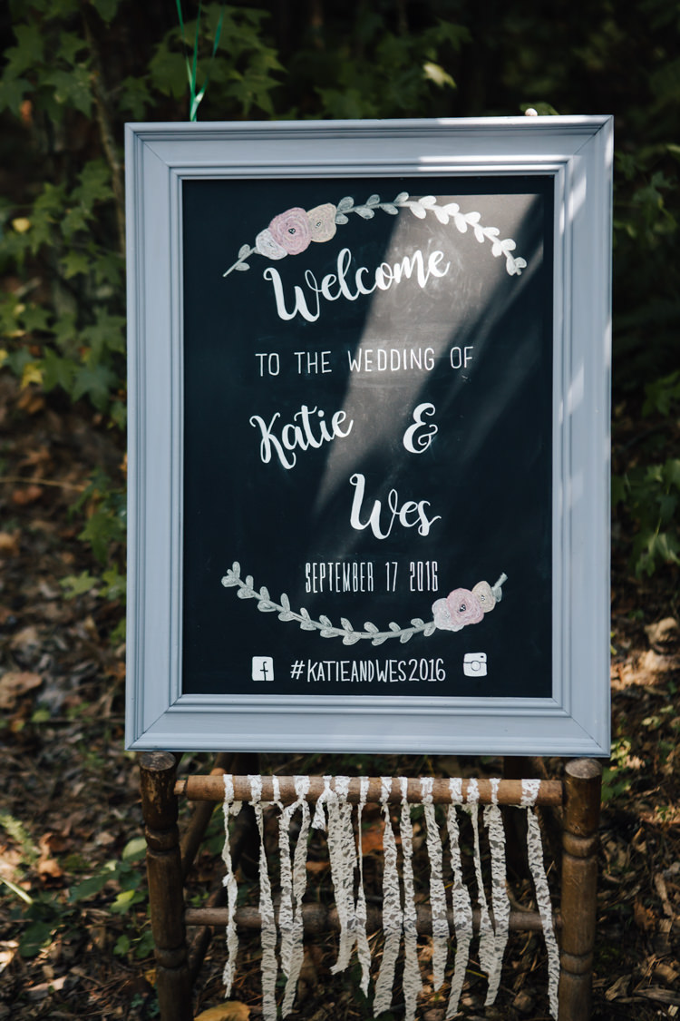 Outdoor Ceremony Welcome Sign Framed Blackboard Calligraphy Lace Ribbon Details Adventure Inspired Woodland Wedding North Carolina http://www.amandasuttonphotography.com/