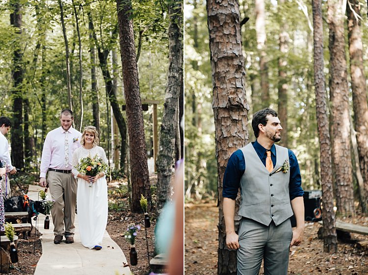 Outdoor Ceremony Bride Handmade Lace Floral Belt Bridal Gown Bouquet Groom Grey Vest Pants Navy Blue Shirt Orange Checkered Tie Adventure Inspired Woodland Wedding North Carolina http://www.amandasuttonphotography.com/