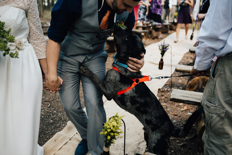 Outdoor Ceremony Bride Groom Dog Ring Bearer Guests Adventure Inspired Woodland Wedding North Carolina http://www.amandasuttonphotography.com/