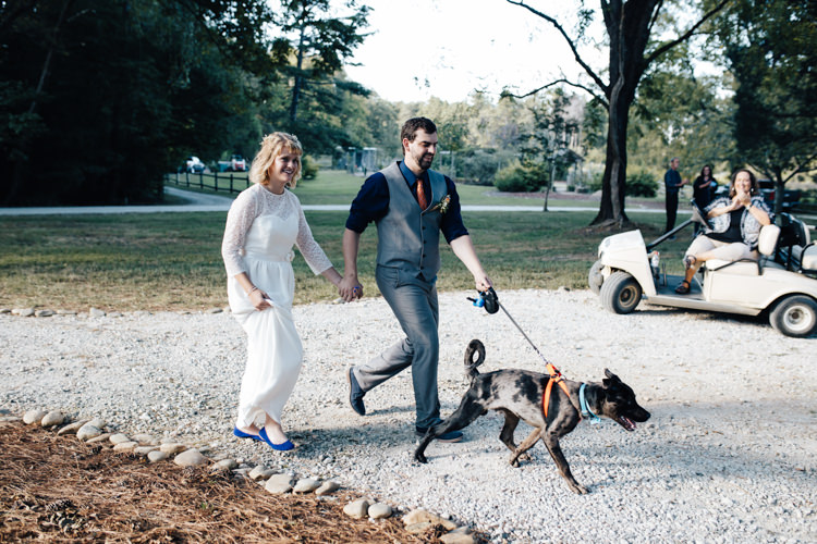 Bride Handmade Lace Floral Belt Bridal Gown Blue Shoes Groom Grey Vest Pants Navy Blue Shirt Orange Checkered Tie Dog Ring Bearer Adventure Inspired Woodland Wedding North Carolina http://www.amandasuttonphotography.com/