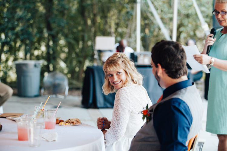 Reception Speeches Bride Handmade Lace Bridal Gown Groom Grey Vest Navy Blue Shirt Buttonhole Orange Florals Succulent Adventure Inspired Woodland Wedding North Carolina http://www.amandasuttonphotography.com/