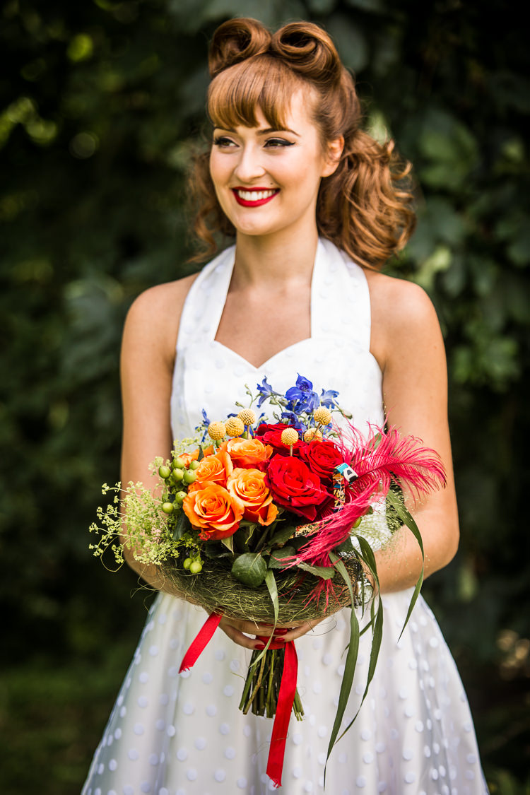 Bride Bridal Hair Make Up Victory Rolls Bouquet Flowers Colourful Vintage Comic Book Wedding Ideas http://www.hayleypettitphotography.com/