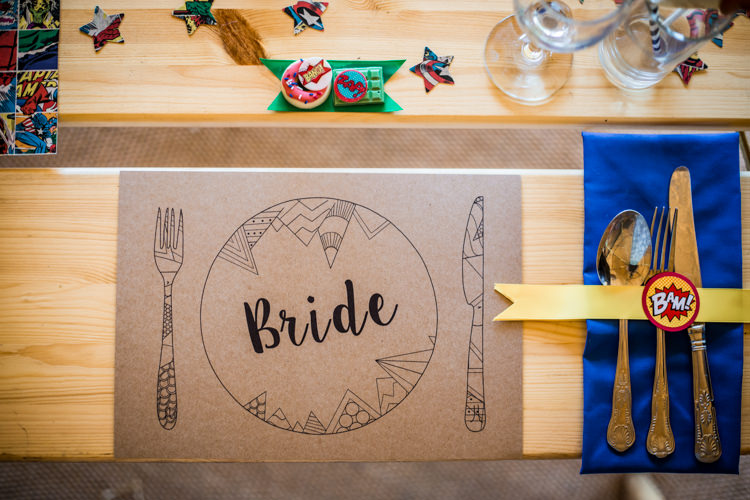 Place Mat Setting Decor Colourful Vintage Comic Book Wedding Ideas http://www.hayleypettitphotography.com/