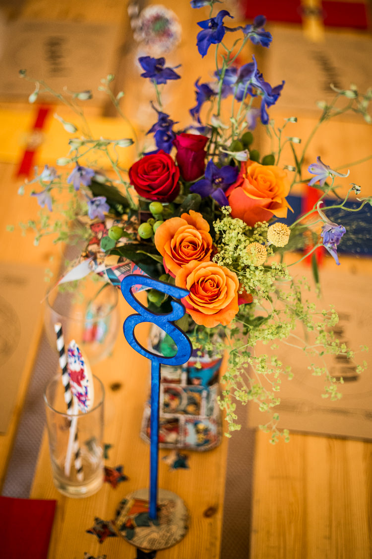 Flowers Jar Roses Rainbow Decor Table Centrepiece Colourful Vintage Comic Book Wedding Ideas http://www.hayleypettitphotography.com/