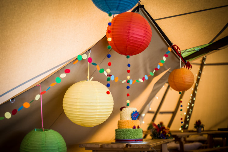 Cake Table Tipi Lanterns Garlands Colourful Vintage Comic Book Wedding Ideas http://www.hayleypettitphotography.com/