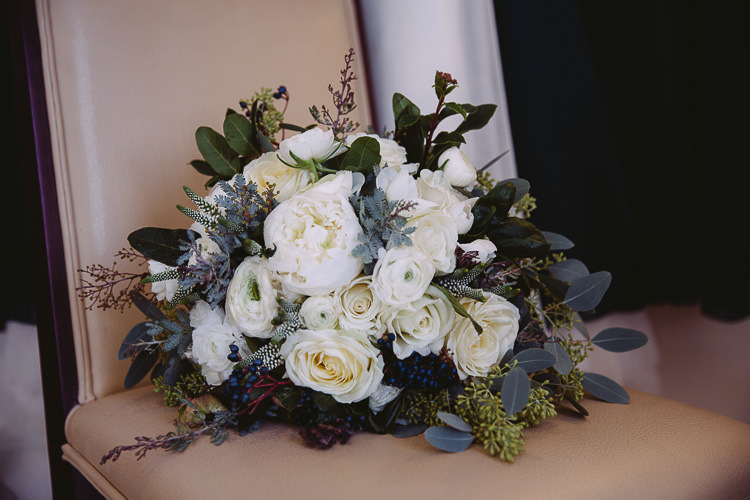 Bouquet White Foliage Greenery Rose Peony Bride Bridal Magical Winter Rustic Wonderland Wedding http://hayleybaxterphotography.com/