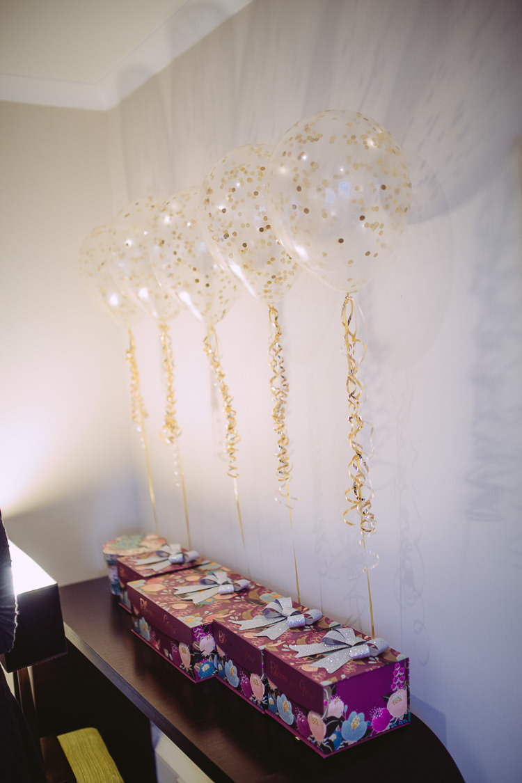 Bridesmaid Gift Present Box Balloons Magical Winter Rustic Wonderland Wedding http://hayleybaxterphotography.com/