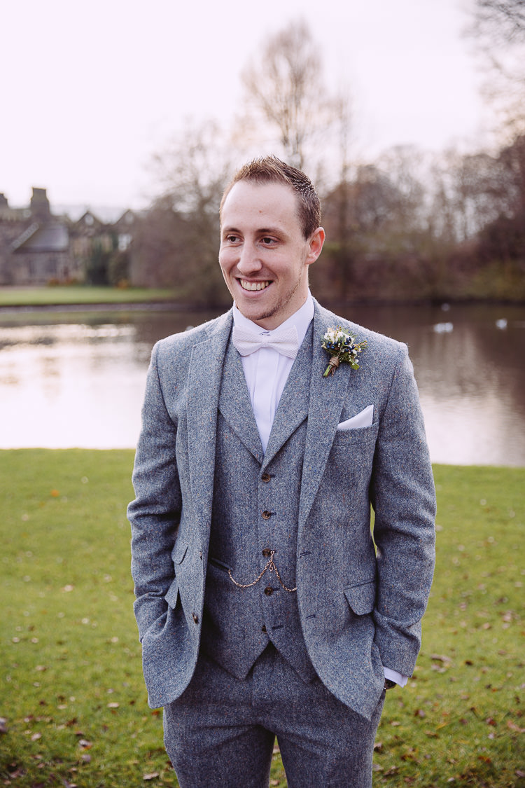 Bow Tie Groom Grey Tweed Suit Magical Winter Rustic Wonderland Wedding http://hayleybaxterphotography.com/
