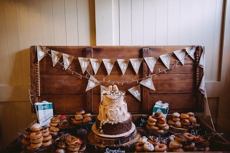 Indulgence Bar Cake Donuts Table Dessert Magical Winter Rustic Wonderland Wedding http://hayleybaxterphotography.com/
