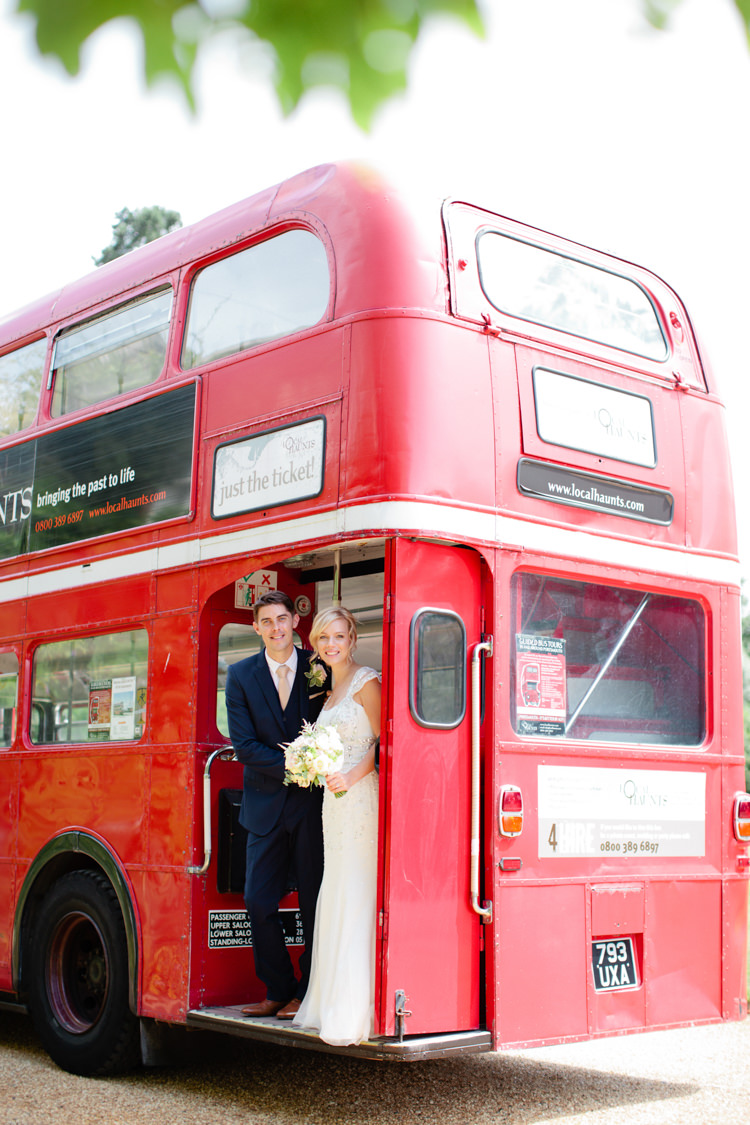 Red London Bus Transport Pretty Pink Garden Party Wedding http://www.helencawtephotographyblog.com/