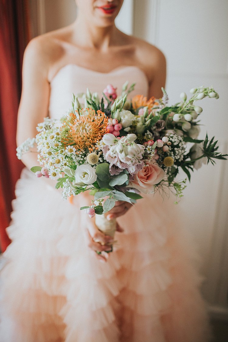 Bouquet Flowers Natural Wild Pink Yellow Rose Daisy Billy Ball Thistle Berries Bride Bridal Whimsical Seaside Wedding Pale Pink Dress http://devlinphotos.co.uk/