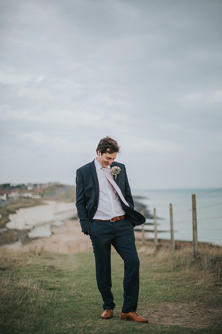Navy Suit Tie Groom Style Tan Shoes Whimsical Seaside Wedding Pale Pink Dress http://devlinphotos.co.uk/