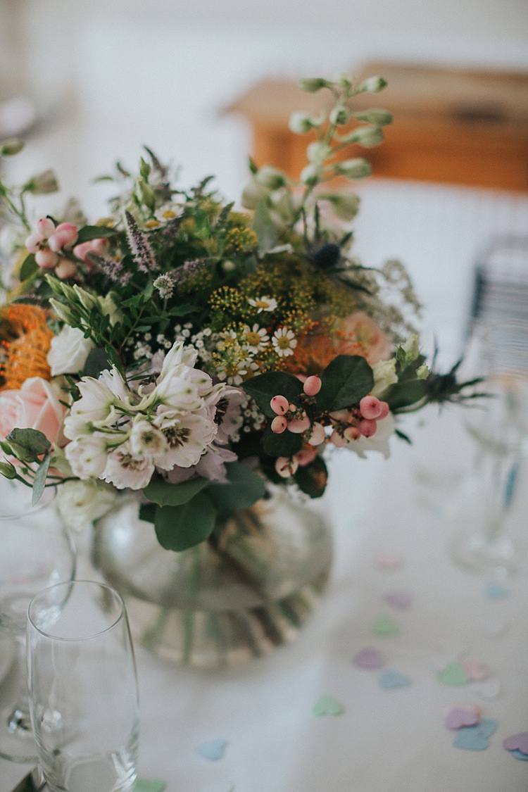 Table Decor Vase Bouquet Flowers Natural Wild Pink Yellow Rose Daisy Billy Ball Thistle Berries Whimsical Seaside Wedding Pale Pink Dress http://devlinphotos.co.uk/