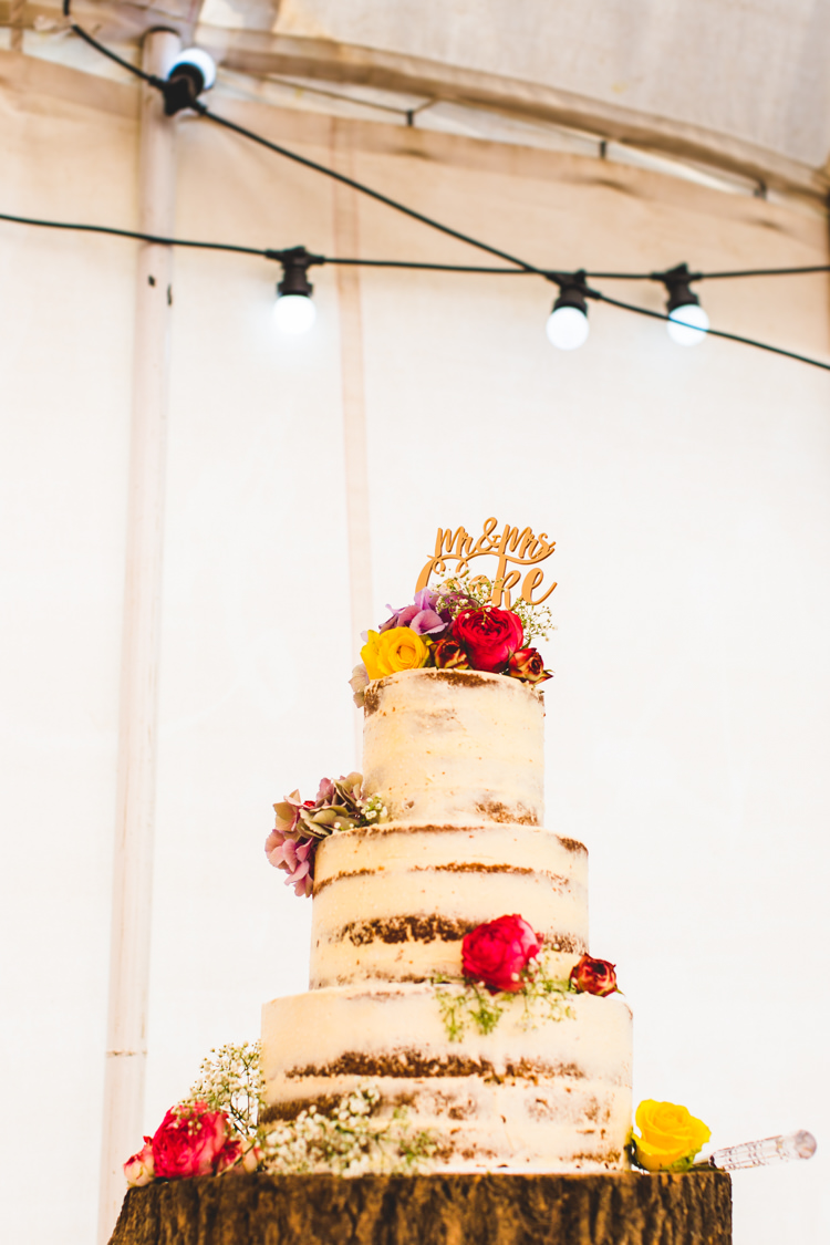 Naked Cake Buttercream Log Flowers Bright Colourful Fun Marquee Wedding http://www.livvy-hukins.co.uk/