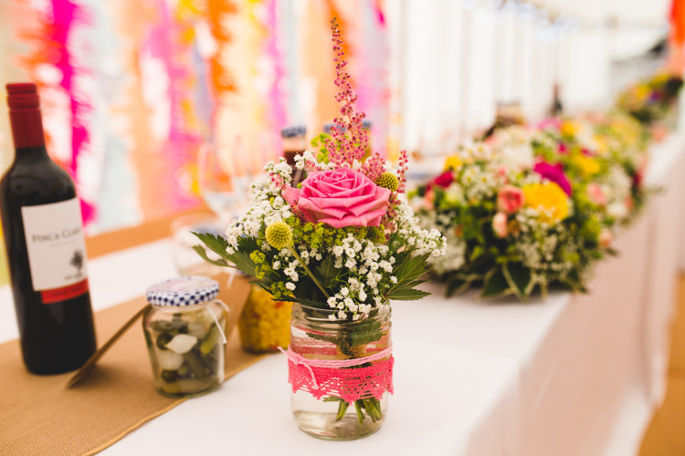 Lace Jar Flowers Summer Rose Bright Colourful Fun Marquee Wedding http://www.livvy-hukins.co.uk/