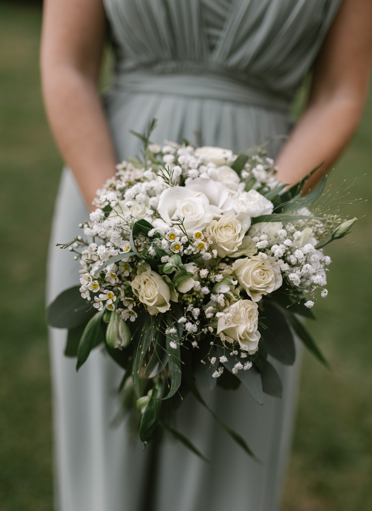 Bouquet Flowers Bridesmaid Greenery White Rose Gypsophila Wax Natural Sage Green Farm Wedding https://www.loveluella.co.uk/