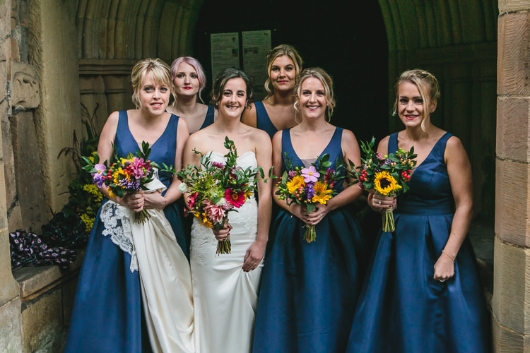 Bride Bridesmaids Colourful Bouquets Blue by Enzoani Chi Chi London Relaxed Cosy Stylish Autumnal Wedding http://www.tierneyphotography.co.uk/