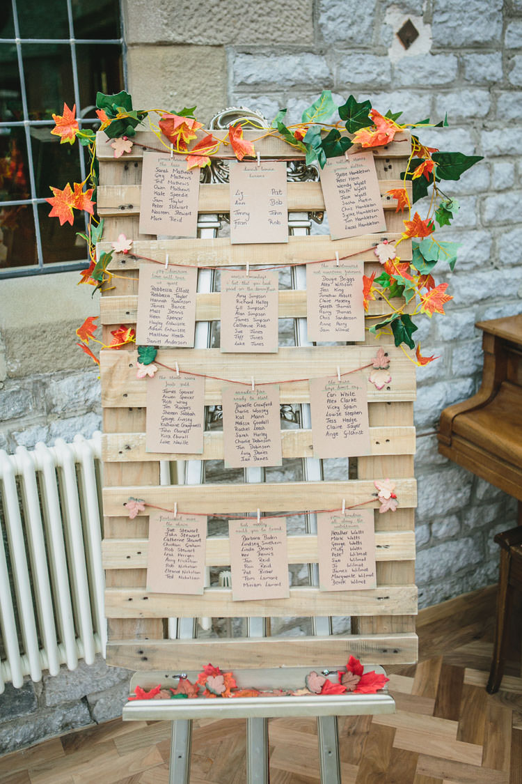 Table Plan Autumn Leaves Rustic Pallet Relaxed Cosy Stylish Autumnal Wedding http://www.tierneyphotography.co.uk/