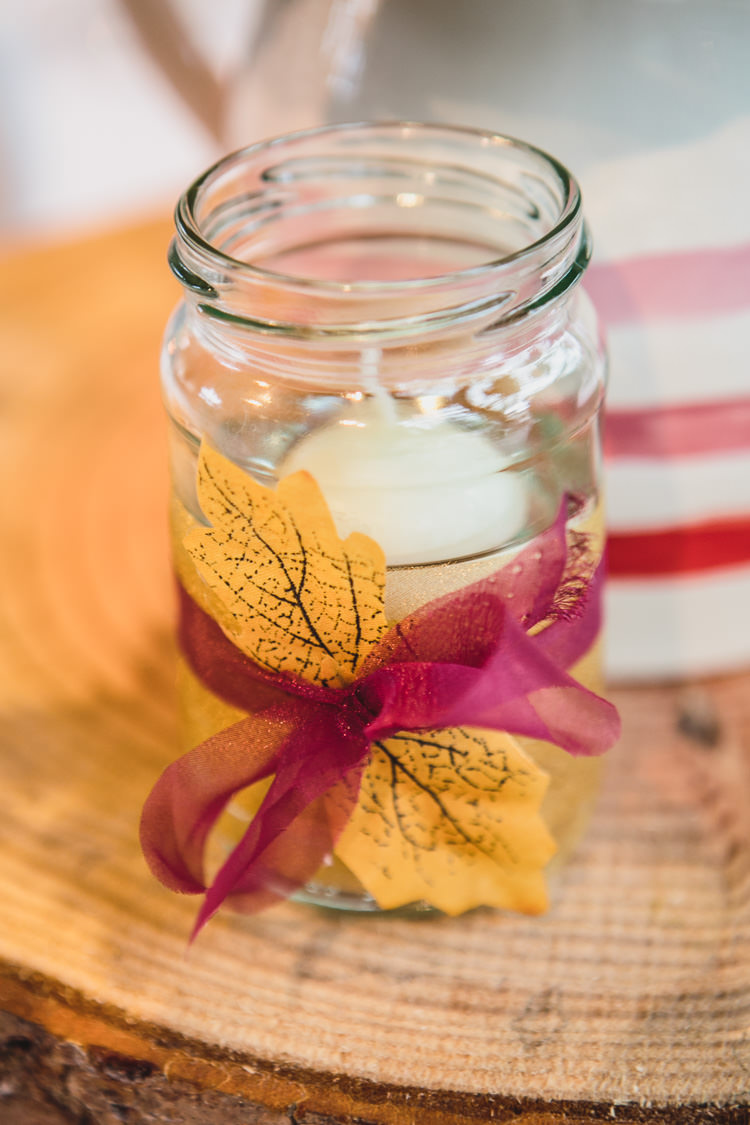 Autumn Leaves Candle Jar Relaxed Cosy Stylish Autumnal Wedding http://www.tierneyphotography.co.uk/