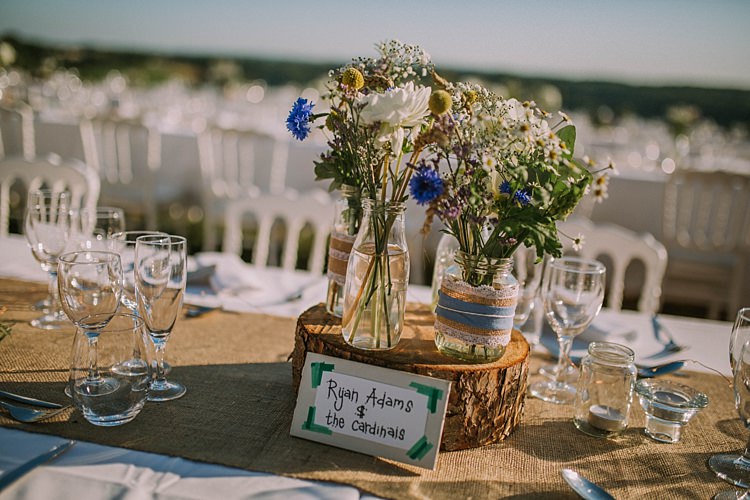 Hessian Burlap Jar Lace Flowers Log Stand Table Decor Summertime French Village Destination Wedding http://www.pippacarvellphotography.com/