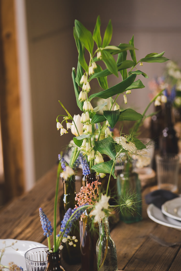 Bottle Flowers Centrepiece Decor Table Magical Spring Bluebell Woodland Wedding Ideas http://helinebekker.co.uk/