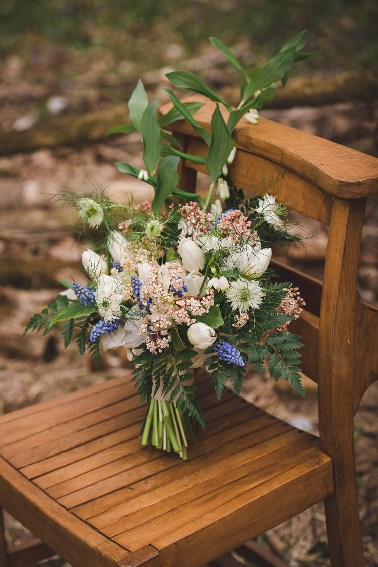 Bouquet Flowers Bride Bridal Tulip White Blue Greenery Fern Magical Spring Bluebell Woodland Wedding Ideas http://helinebekker.co.uk/
