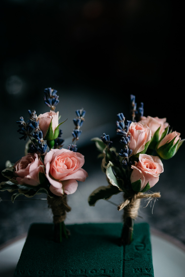 Pink Rose Lavender Twine Buttonholes Rustic Woodland Modern Wedding http://www.jennymacare.com/
