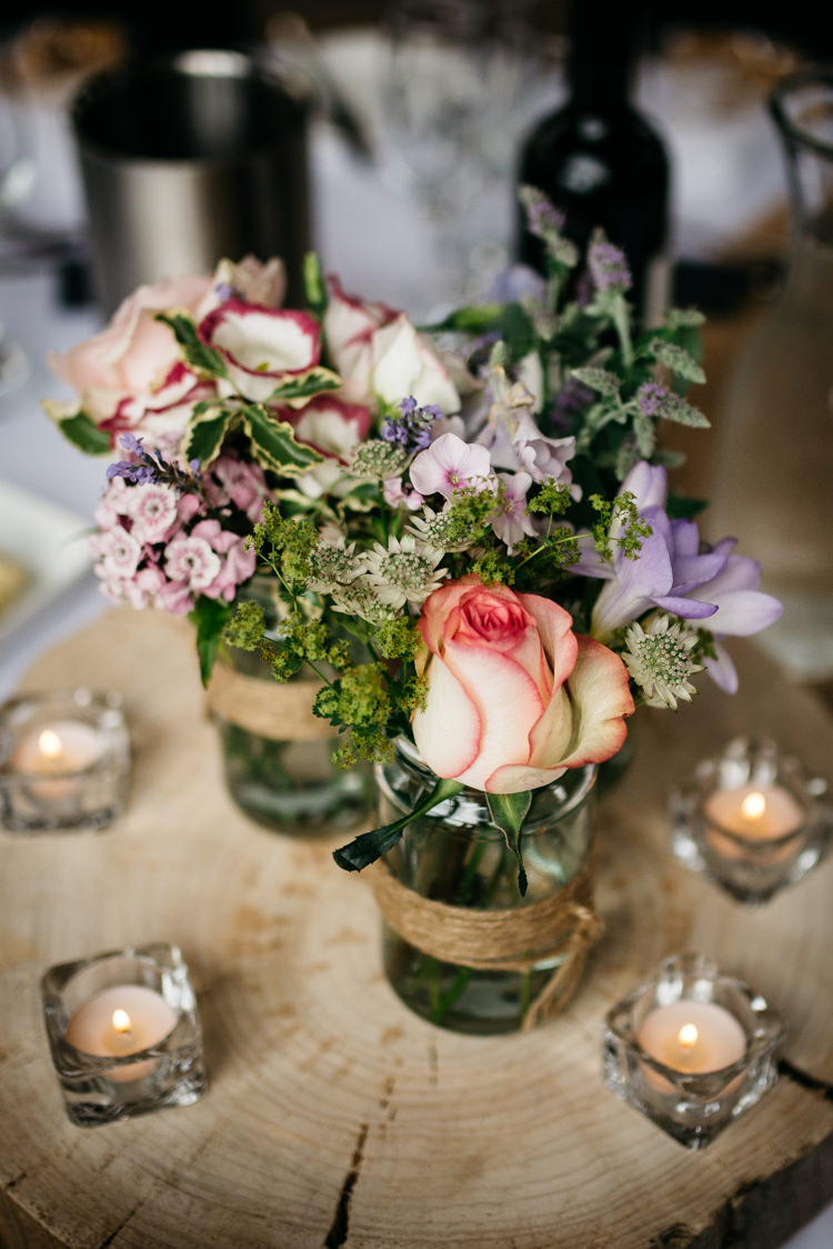 Jar Flowers Twine Log Candles Summer Rustic Woodland Modern Wedding http://www.jennymacare.com/