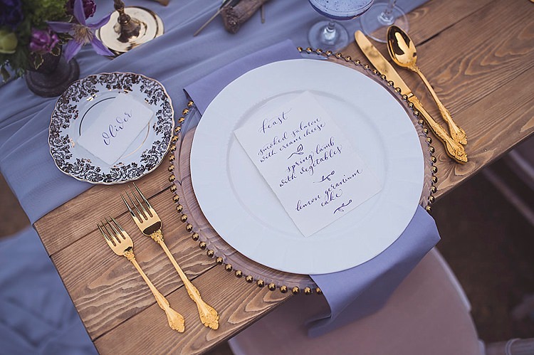 Gold Cutlery Place Setting Calligraphy Menu Violet Spring Luxe Wedding Ideas http://www.katieingram.co.uk/