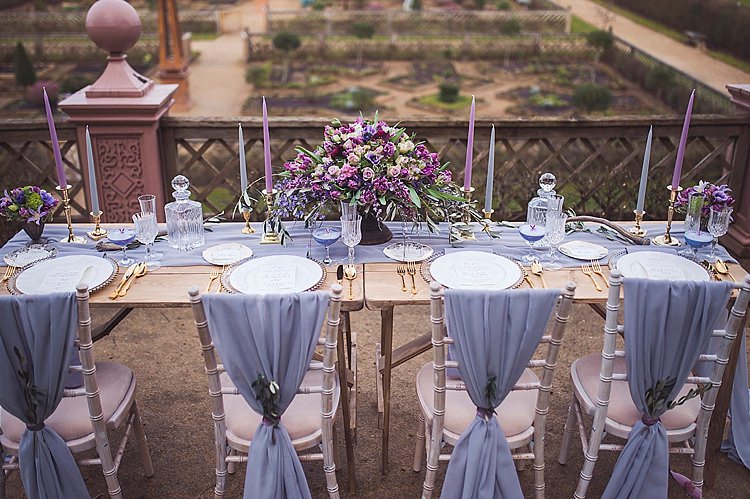 Flowers Arrangement Table Centrepiece Decor Tablescape Purple Lilac Chairs Fabric Violet Spring Luxe Wedding Ideas http://www.katieingram.co.uk/