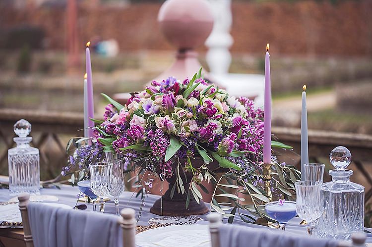 Flowers Arrangement Table Centrepiece Decor Tablescape Purple Lilac Violet Spring Luxe Wedding Ideas http://www.katieingram.co.uk/