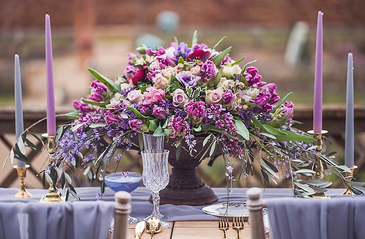 Flowers Arrangement Table Centrepiece Decor Tablescape Purple Lilac Violet Spring Luxe Wedding Ideas http://www.katieingram.co.uk/