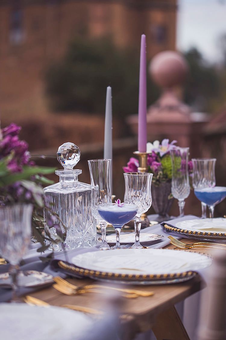 Flowers Arrangement Table Centrepiece Decor Tablescape Purple Lilac Cocktails Violet Spring Luxe Wedding Ideas http://www.katieingram.co.uk/