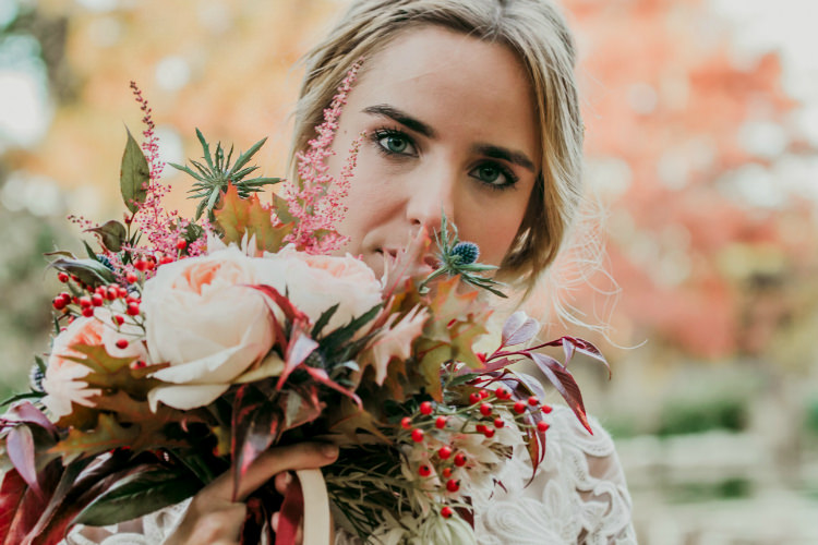 Bride Lace Backless Bridal Gown Bouquet Cream Garden Roses Seasonal Leaves Berries From Dawn To Eternity Autumnal Wedding Ideas http://www.nataliaibarra.com
