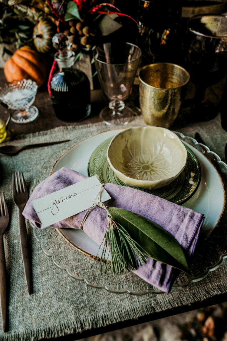 Reception Table Setting Rustic Theme Mismatched China Red Wine Pumpkins Calligraphy Name Tag From Dawn To Eternity Autumnal Wedding Ideas http://www.nataliaibarra.com