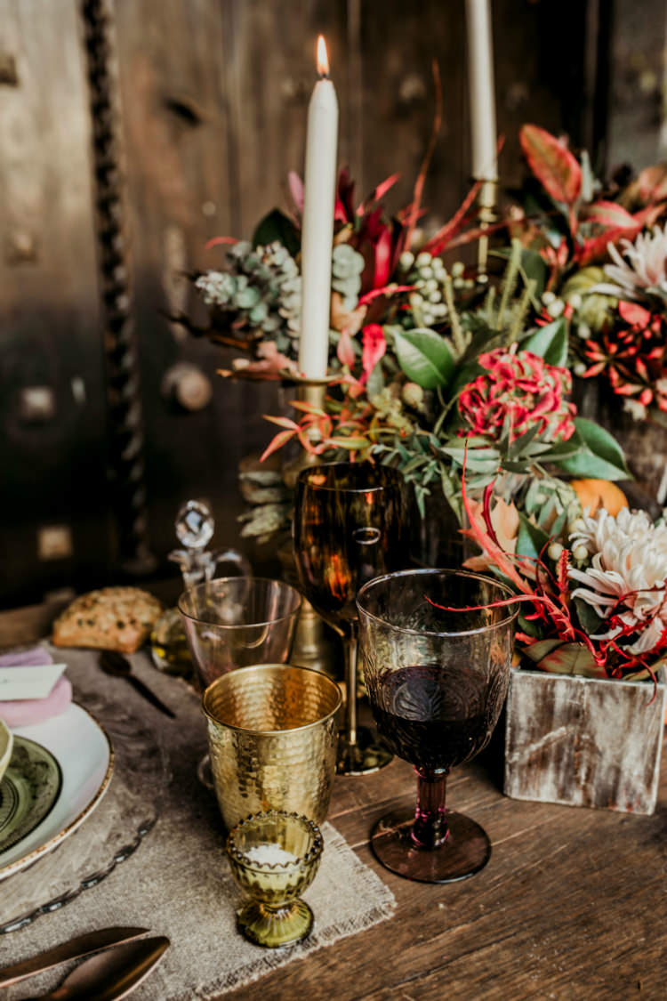 Reception Table Setting Rustic Theme Seasonal Flowers Pumpkins Candlesticks Gold Glass From Dawn To Eternity Autumnal Wedding Ideas http://www.nataliaibarra.com