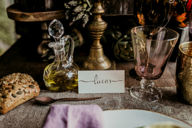 Reception Table Setting Rustic Theme Calligraphy Name Tag Gold Candlestick From Dawn To Eternity Autumnal Wedding Ideas http://www.nataliaibarra.com