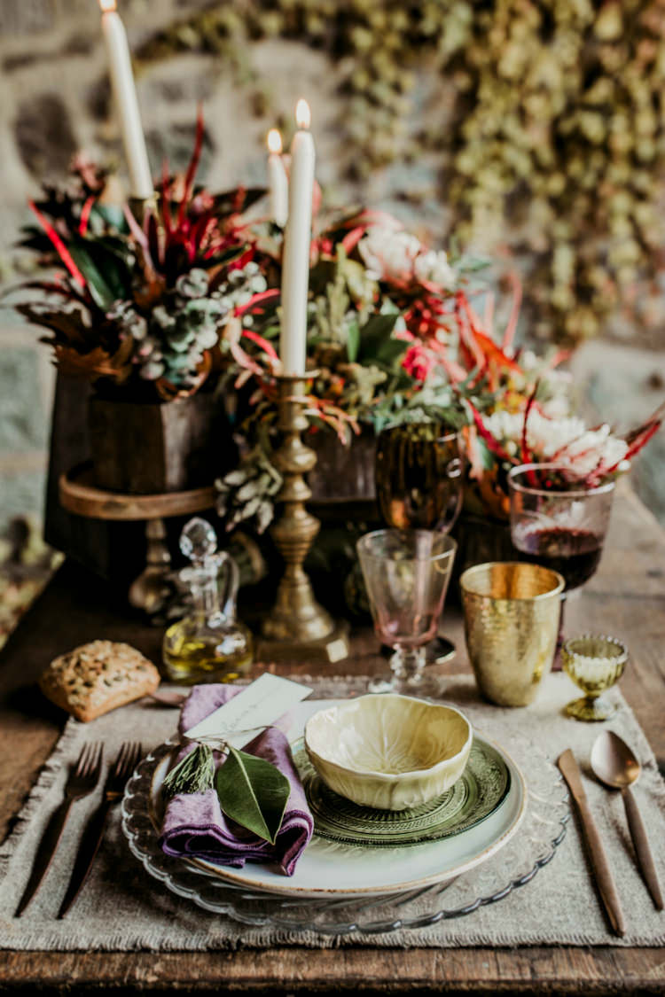 Reception Table Setting Rustic Theme Seasonal Flowers Gold Candlesticks Mismatched Vintage China From Dawn To Eternity Autumnal Wedding Ideas http://www.nataliaibarra.com