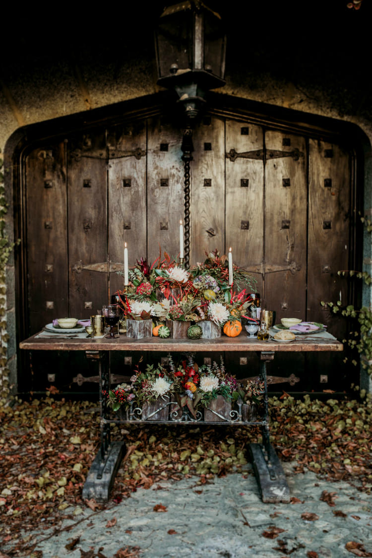 Reception Table Setting Fresh Flowers Seasonal Colours Vegetables Pumpkins Candlesticks Rustic Setting Vintage Wooden Table From Dawn To Eternity Autumnal Wedding Ideas http://www.nataliaibarra.com