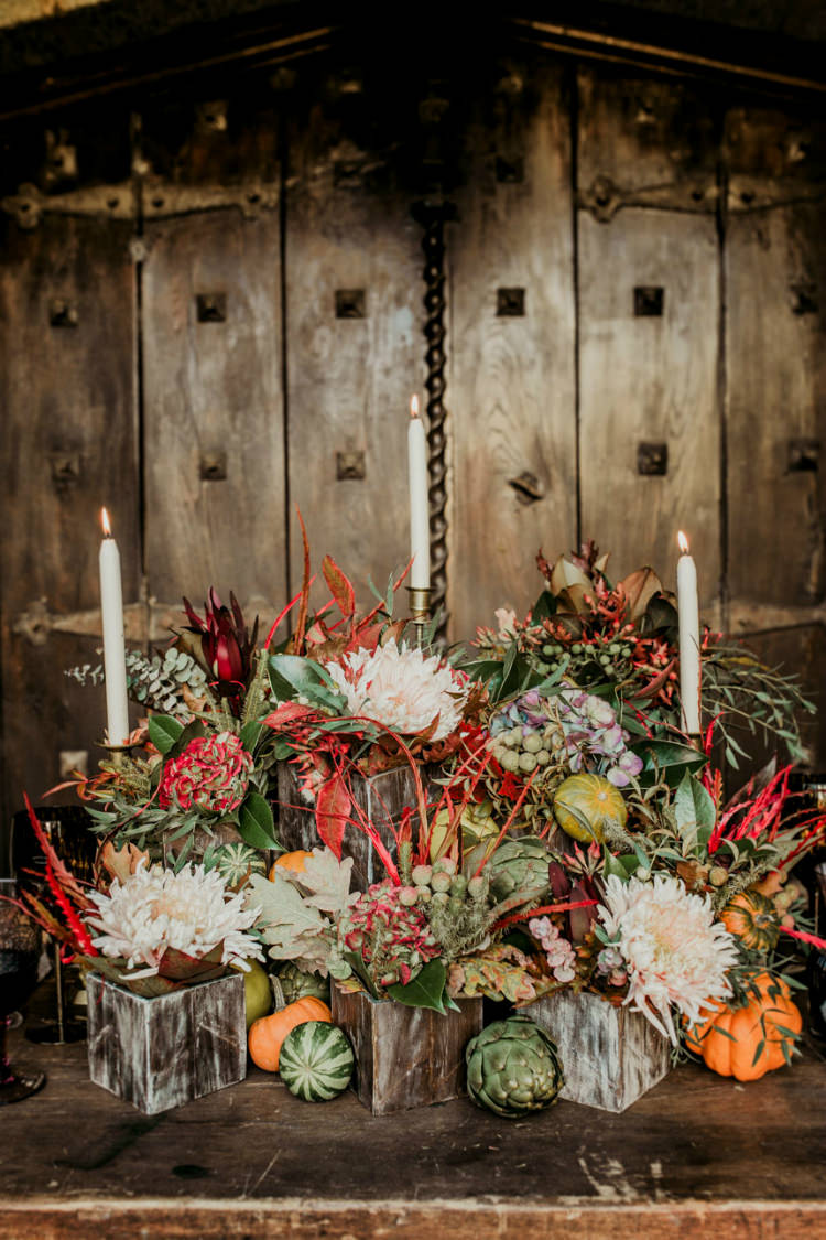 Reception Table Setting Fresh Flowers Seasonal Colours Vegetables Pumpkins Candlesticks Vintage Wooden Table From Dawn To Eternity Autumnal Wedding Ideas http://www.nataliaibarra.com