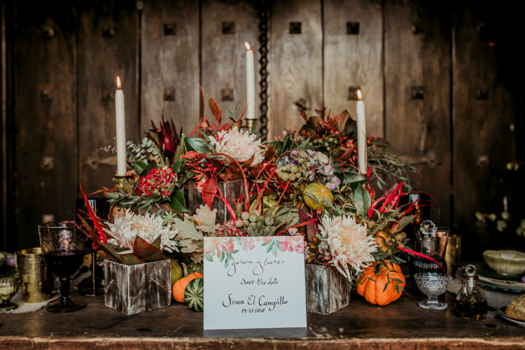 Reception Table Setting Rustic Theme Fresh Flowers Pumpkins Calligraphy Stationery Gold Candlesticks From Dawn To Eternity Autumnal Wedding Ideas http://www.nataliaibarra.com