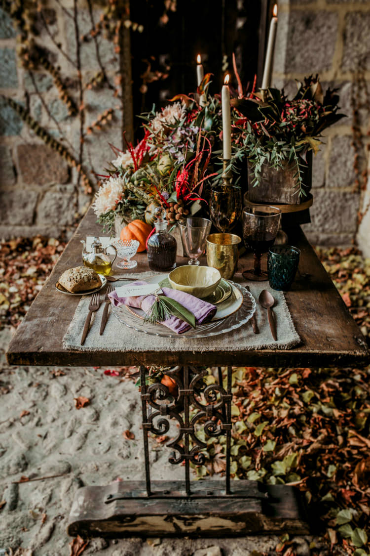 Rustic Reception Table Setting Fresh Flowers Pumpkins Mismatched Vintage China Gold Candlesticks Wooden Table From Dawn To Eternity Autumnal Wedding Ideas http://www.nataliaibarra.com