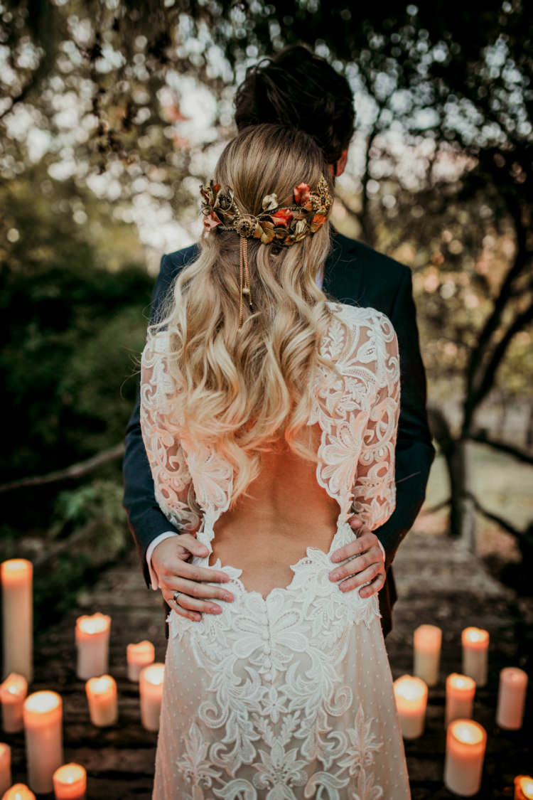 Bride Lace Backless Bridal Gown Intricate Autumn Leaves Headpiece Groom Charcoal Suit Candles From Dawn To Eternity Autumnal Wedding Ideas http://www.nataliaibarra.com
