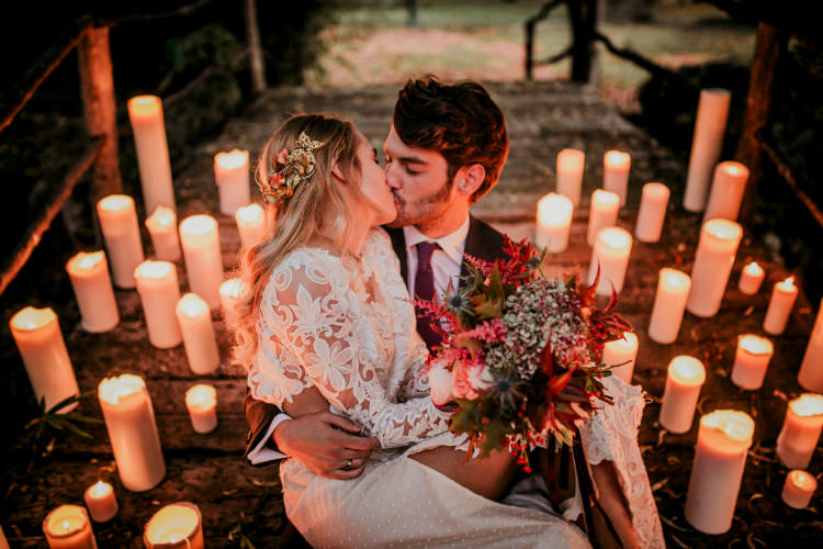 Bride Lace Backless Bridal Gown Autumn Leaves Headpiece Bouquet Cream Garden Roses Seasonal Leaves Berries Maroon Cream Ribbons Groom Charcoal Suit Purple Patterned Tie Candles From Dawn To Eternity Autumnal Wedding Ideas http://www.nataliaibarra.com