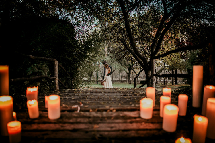 Bride Lace Backless Bridal Gown Groom Charcoal Suit Candles Bridge From Dawn To Eternity Autumnal Wedding Ideas http://www.nataliaibarra.com