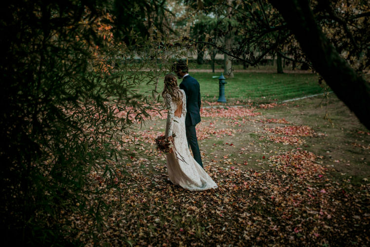 Bride Lace Backless Bridal Gown Autumn Leaves Headpiece Bouquet Groom Charcoal Suit From Dawn To Eternity Autumnal Wedding Ideas http://www.nataliaibarra.com
