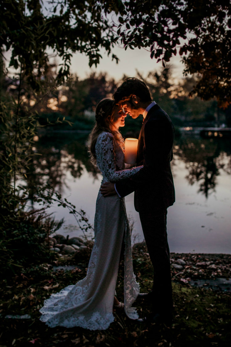 Bride Lace Backless Bridal Gown Groom Charcoal Suit Purple Patterned Tie Candle Lake From Dawn To Eternity Autumnal Wedding Ideas http://www.nataliaibarra.com