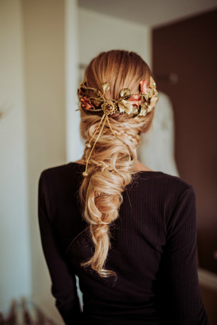 Bride Intricate Headpiece Autumn Leaves Gold Fishtail Braid Hairstyle From Dawn To Eternity Autumnal Wedding Ideas http://www.nataliaibarra.com