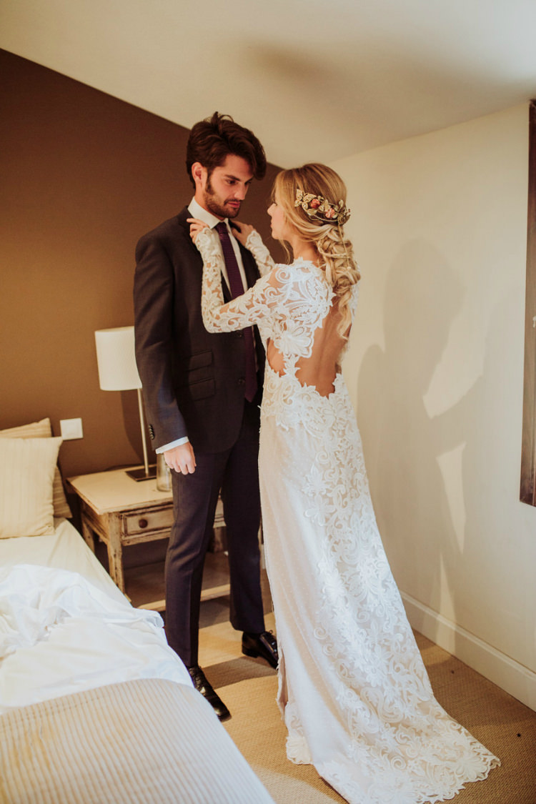 Bride Lace Backless Bridal Gown Intricate Autumn Leaves Headpiece Groom Charcoal Suit Purple Patterned Tie From Dawn To Eternity Autumnal Wedding Ideas http://www.nataliaibarra.com
